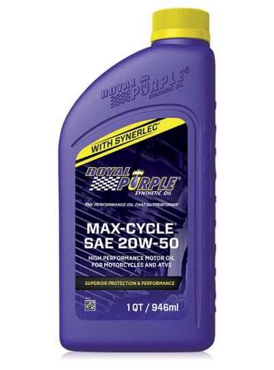 Bottiglia di lubrificante sintetico per moto Royal Purple Max Cycle 20W50 946 ml